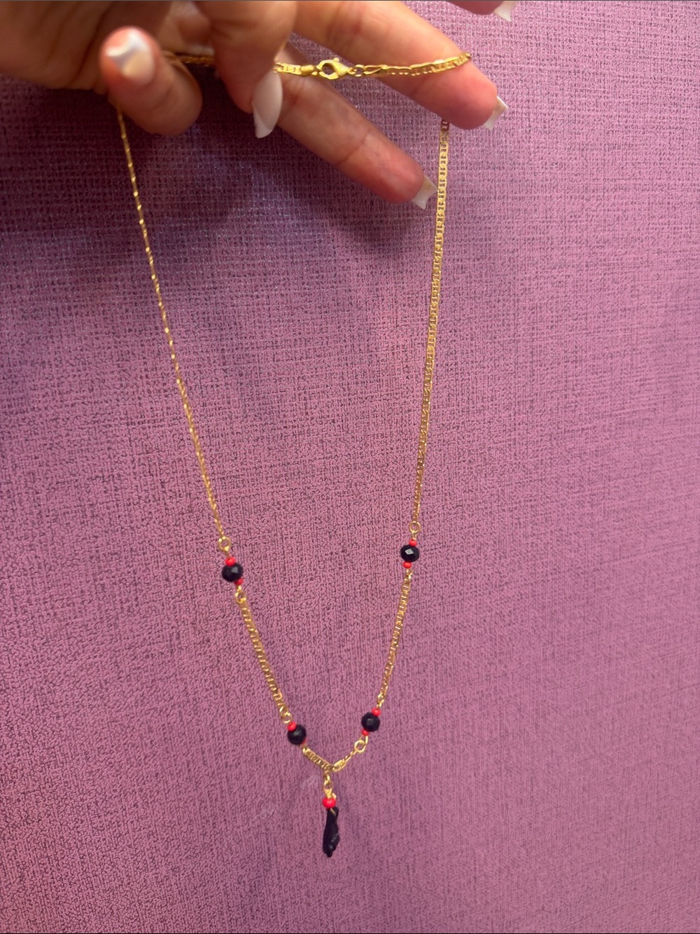 Gold Plated Necklace with Black and Red Beads protection and Love ❤️